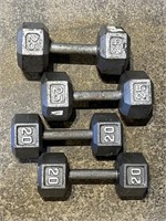 Lot of Two 20 lbs., Two 25 lbs. Hex Dumbells