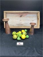 Long wooden dough bowl, candle holders, fruit