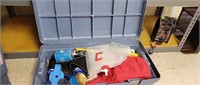 Tote of assorted camping supplies (shop)