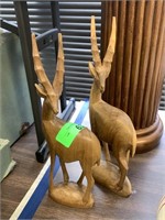 2PC CARVED WOOD ANTELOPES SCULPTURES