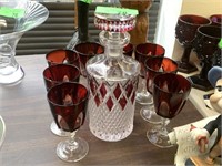 RED DIAMOND CUT TO CLEAR DECANTER & GLASSES