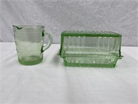 Green glass butter dish & measuring jug