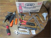 BOX OF TOOLS, HAMMER, SCREW DRIVERS