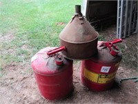 2 METAL GAS CANS & FUNNEL