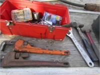 Toolbox w/Pipe Wrench, Hammers, DeWalt Bits, Misc.