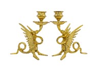 Gilded Bronze Winged Griffin Candlesticks