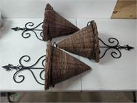 3 Wrought Iron Wall Scones with Wicker Baskets
