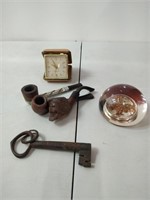 Various Vintage Items - Pipes, Clock, Paperweight