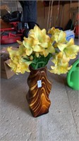 Art glass wood grain vase 16’’ tall w/silk lilies