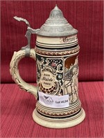 Stoneware beer stein farewell scene and pewter