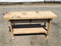 Wood Work Bench, Approx 60" L x 20" D x 34" H Vice