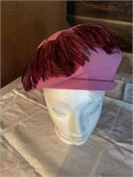 Pink Felt and Feather Beret Style Hat