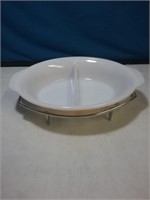 Peach Pyrex divided casserole in stainless stand