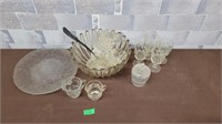 Vintage glass lot. Punch bowl, glasses, dish, etc