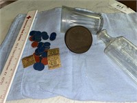 Ration coins and  vintage glass and bottle