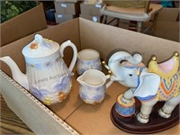 Ceramic elephant, tea pot and creamer blue label