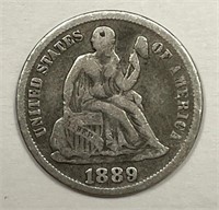 1889 Seated Liberty Silver Dime Fine F
