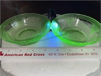 2 small Green depression uranium/Vaseline glass