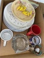 Box of assorted glassware plates, ashtrays, corn
