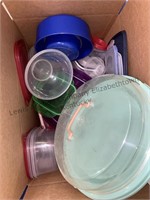 Box of plastic bowls and storage
