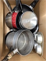Box of Cookware frying pans and more