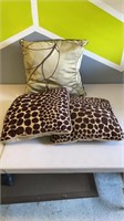 3 Throw Pillows - 2 giraffe print are 16”. 1 sage