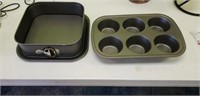 Locking square cake pan, and large muffin pan