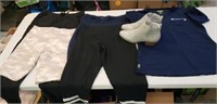 3 pairs of pants, 1 shirt, pair of boots