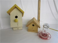 Wood Bird House W/Glass Hummingbird Feeder