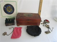 Jewlery Box W/Vtg Keys,Lipstick Case,Clutch Purse