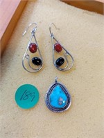 Sterling and turquoise earrings and charm