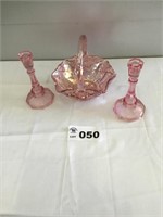 PINK BASKET AND CANDLE STICKS