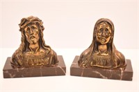 BRASS BOOKENDS ON MARBLE 5" TALL - JESUS & MARY