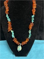 925 Sterling clasp  Amber & Turquoise Necklace
