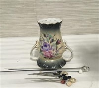 Hand Painted Nippon Hatpin Holder with Pins