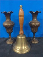 2 Ornate Brass Vases & A Bell