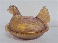 Vintage Amber Glass Hen on Nest Lidded Dish