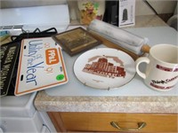 GROUP - GLASS CUTTING BOARD, ROLLING PIN, SIGNS,