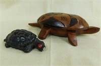 2 turtle figurines: wooden turtle trinket box