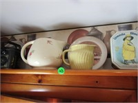 CONTENTS ON SHELF - PITCHERS, TIN CAN, PLATE