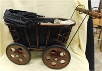 Wooden doll pram stroller on wheels hinged canopy,