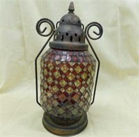 Red & clear mosaic glass & metal lantern, 12" tall