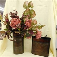 2 metal wall vases, one has artificial flowers