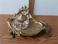 Ornate Solid Brass Ink Well, glass well & brass