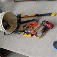 Pail of Tools, Axe, Timer, Drill Hand Tools