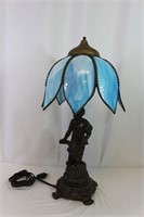 Vintage Cherub & Blue Slag Glass Table Lamp