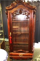 ORNATE CARVED MAHOGANY DISPLAY CABINET W/DRAWER