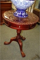 HEAVILY CARVED BALL & CLAW DRUM TABLE W/DRAWER