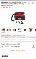 Milwaukee M18 2.5Gal Wet/Dry TOOL ONLY