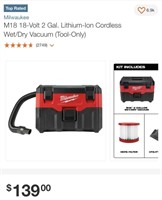 Milwaukee M18 2 Gal Wet/Dry Vac Tool Only